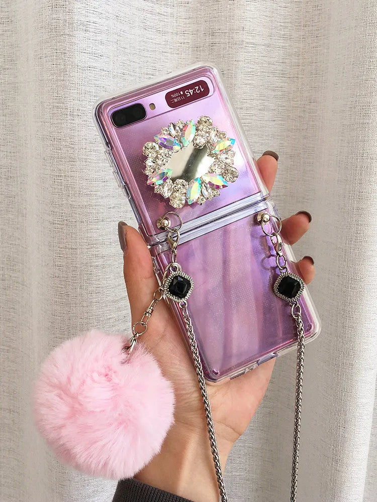 Samsung Galaxy Z Flip cartoon phone case with diagonal diamond hair powder hair ball design