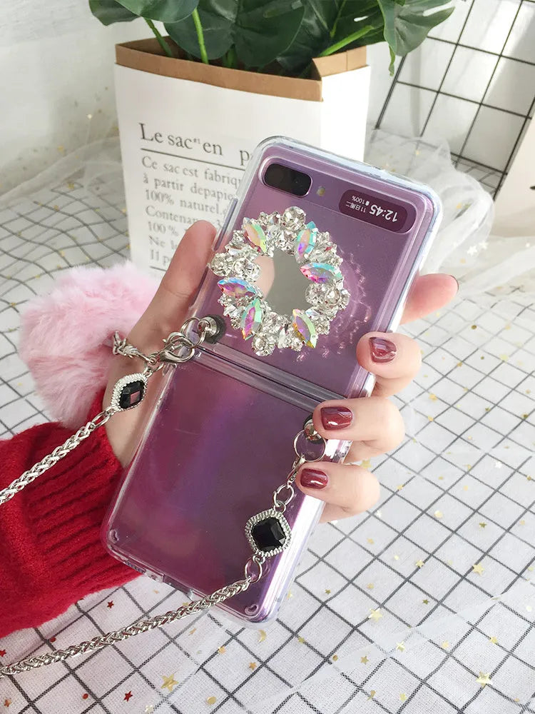 Samsung Galaxy Z Flip cartoon phone case with diagonal diamond hair powder hair ball design