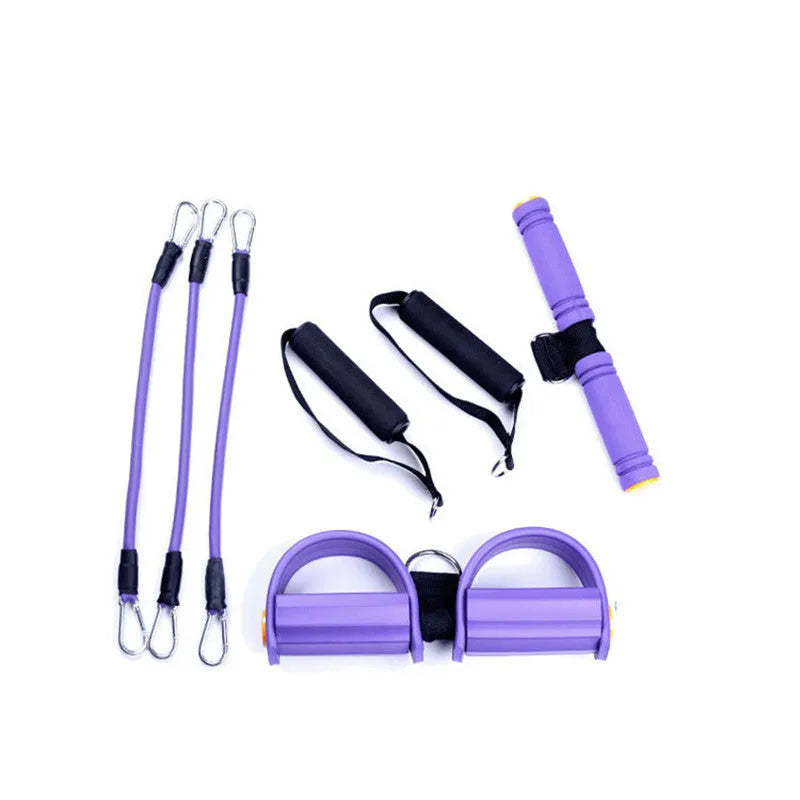 Three tube removable pedal tension rope in purple, blue, pink, or red for foot stretch and leg crunches