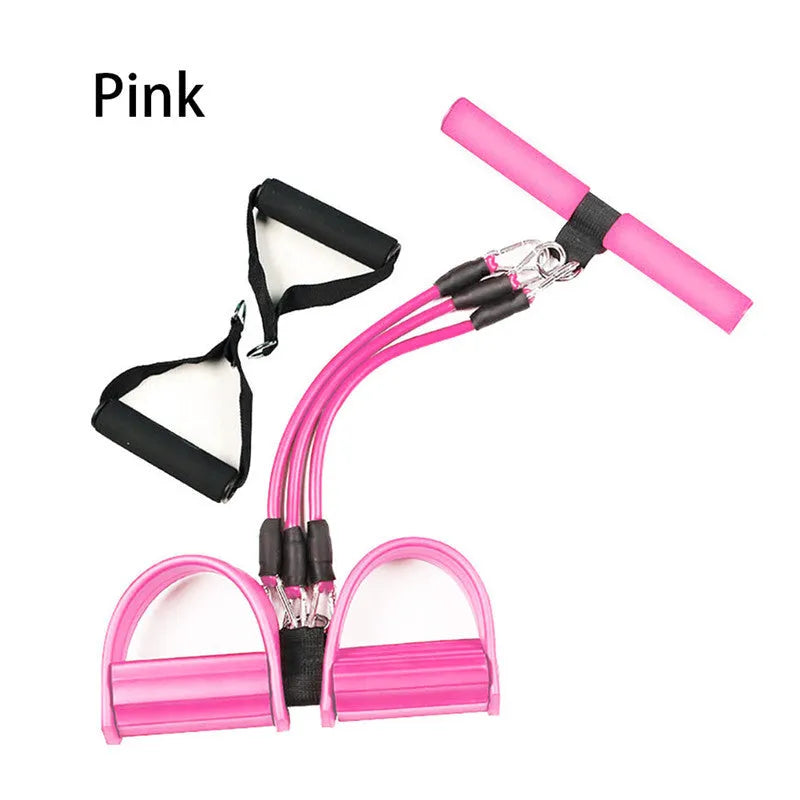 Three tube removable pedal tension rope in purple, blue, pink, or red for foot stretch and leg crunches