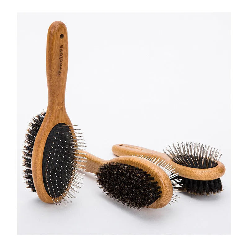 Double-sided pet grooming brush with stainless steel needles in sizes S, M, L for dogs and cats