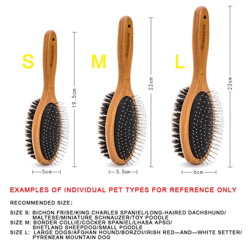 Double-sided pet grooming brush with stainless steel needles in sizes S, M, L for dogs and cats