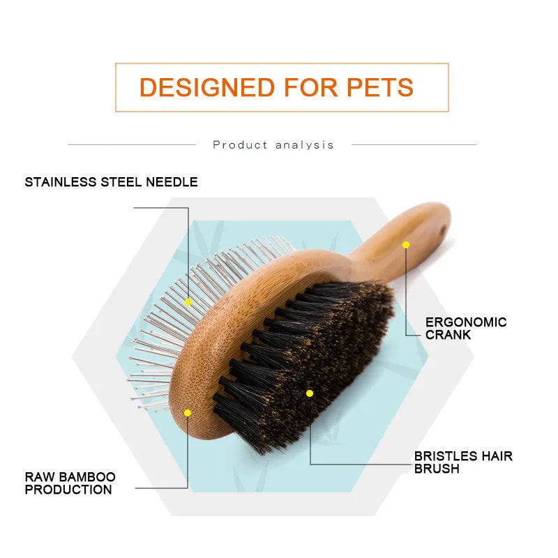 Double-sided pet grooming brush with stainless steel needles in sizes S, M, L for dogs and cats