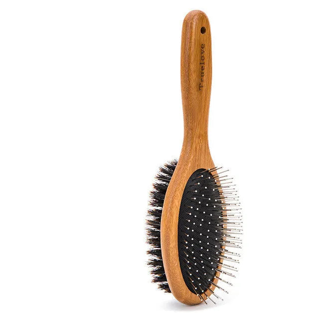 Double-sided pet grooming brush with stainless steel needles in sizes S, M, L for dogs and cats