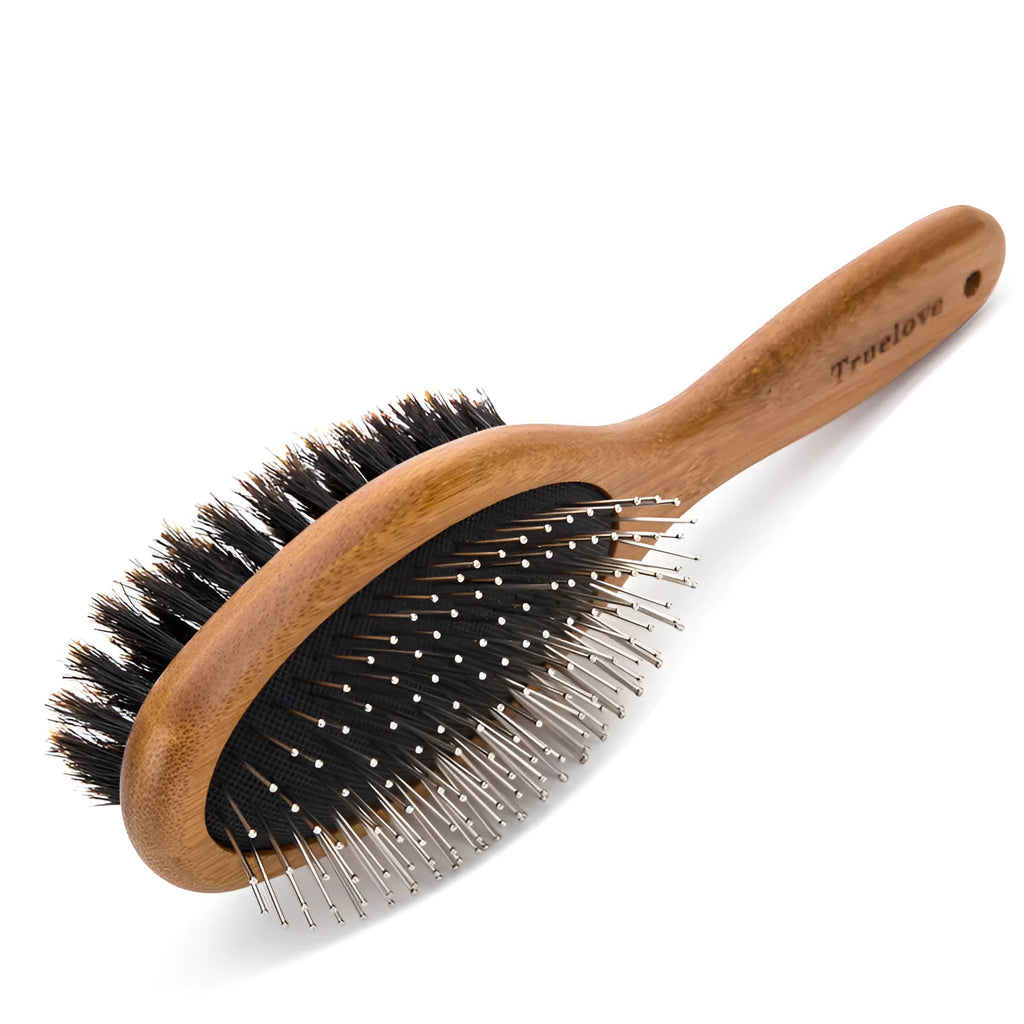 Double-sided pet grooming brush with stainless steel needles in sizes S, M, L for dogs and cats