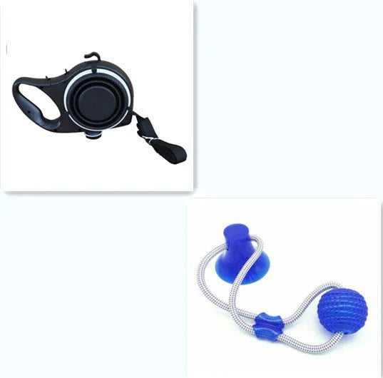 Dog leash set with water bottle and cup in plastic construction, 23cm long, available in red black blue