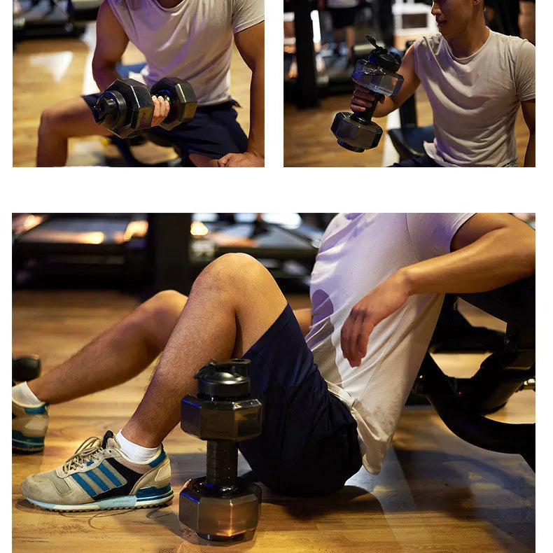 Fitness dumbbell cup sports water bottle in black, 1500ml capacity, with push cap and handle