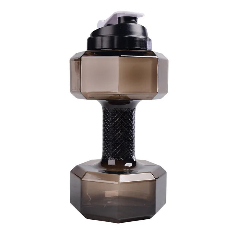 Fitness dumbbell cup sports water bottle in black, 1500ml capacity, with push cap and handle