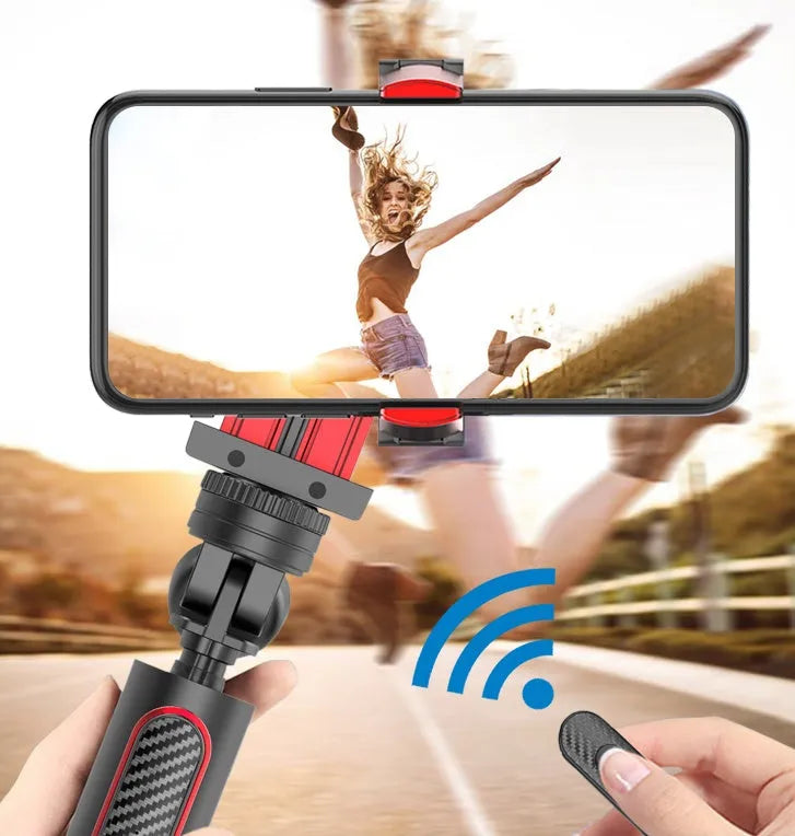 Universal aluminium smartphone tripod extended to 716mm with phone clamp holding mobile device