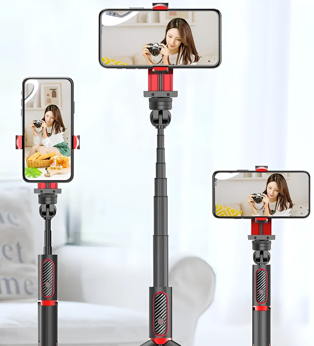 Universal aluminium smartphone tripod extended to 716mm with phone clamp holding mobile device