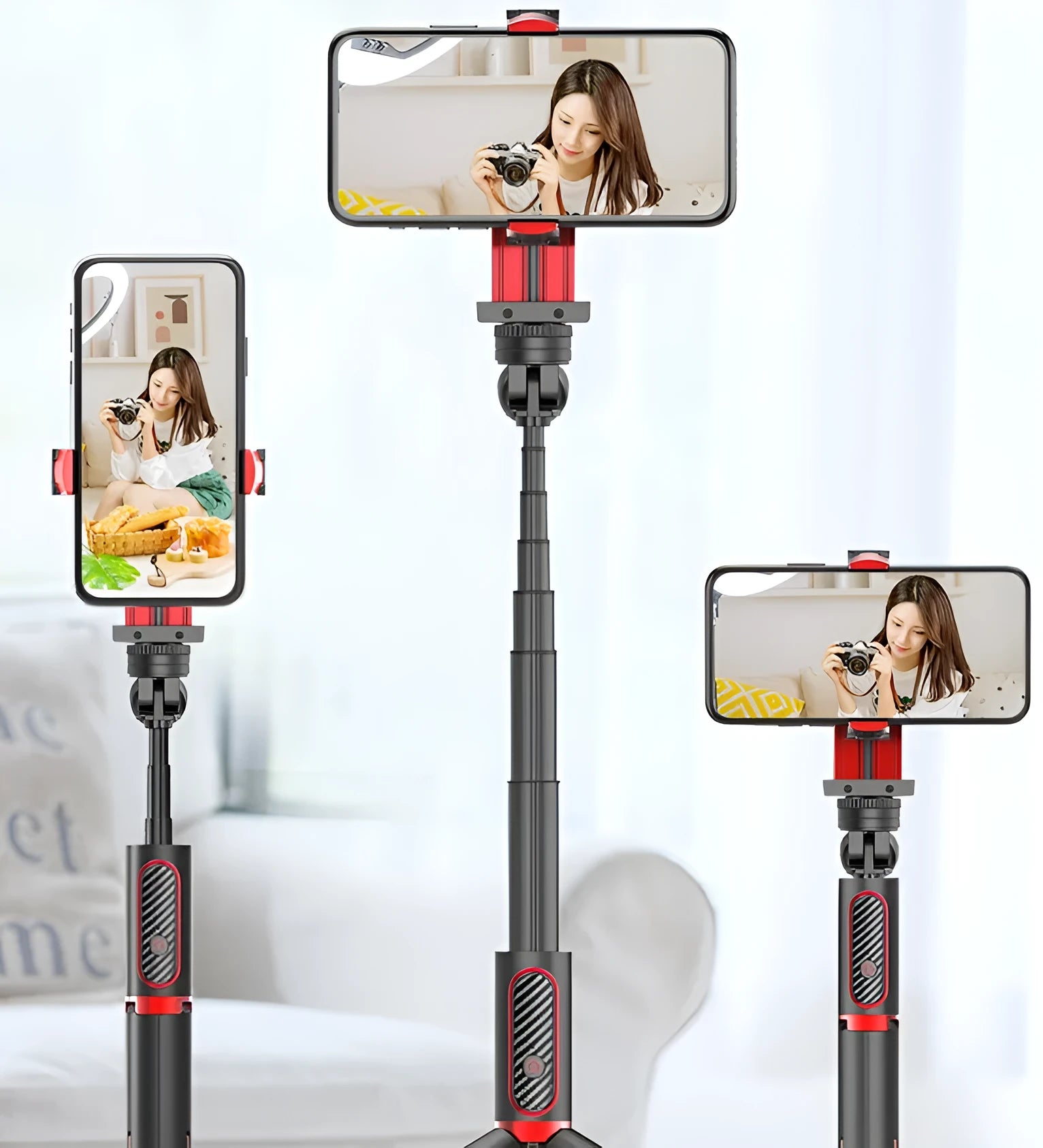 Universal aluminium smartphone tripod extended to 716mm with phone clamp holding mobile device