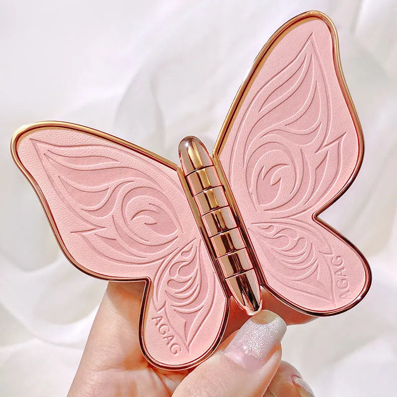 Butterfly-shaped 6-colour eyeshadow palette with pink, yellow, purple, and brown shades, glitter and matte finishes