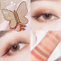 Butterfly-shaped 6-colour eyeshadow palette with pink, yellow, purple, and brown shades, glitter and matte finishes