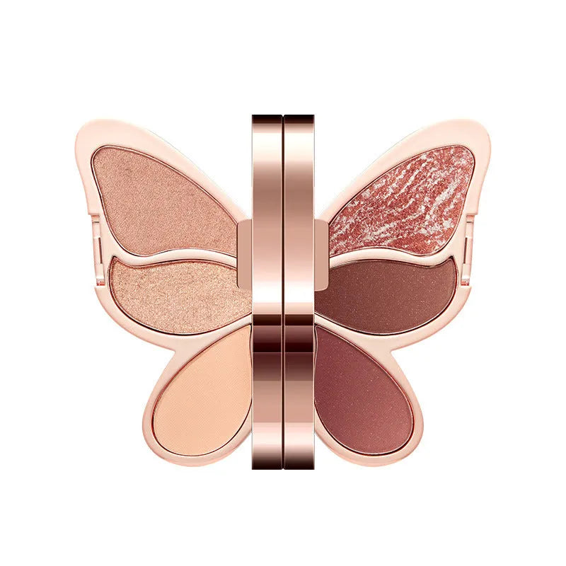 Butterfly-shaped 6-colour eyeshadow palette with pink, yellow, purple, and brown shades, glitter and matte finishes