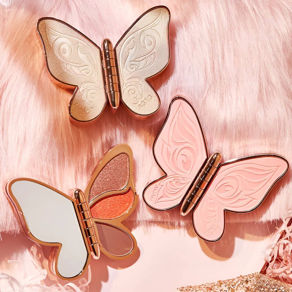 Butterfly-shaped 6-colour eyeshadow palette with pink, yellow, purple, and brown shades, glitter and matte finishes