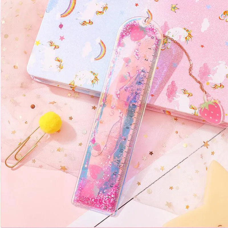 15cm laser PVC heart-shaped bookmark ruler in cherry blossom colour showing measurement markings