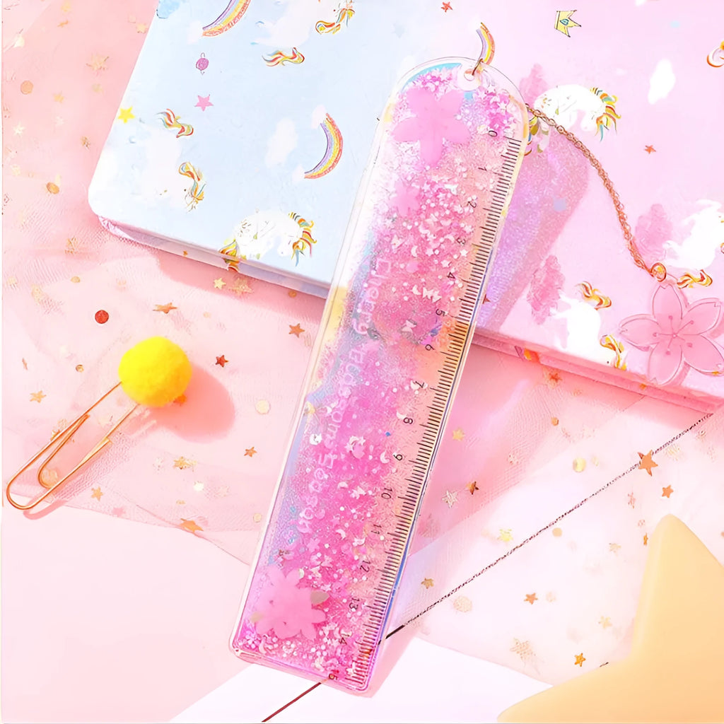 15cm laser PVC heart-shaped bookmark ruler in cherry blossom colour showing measurement markings