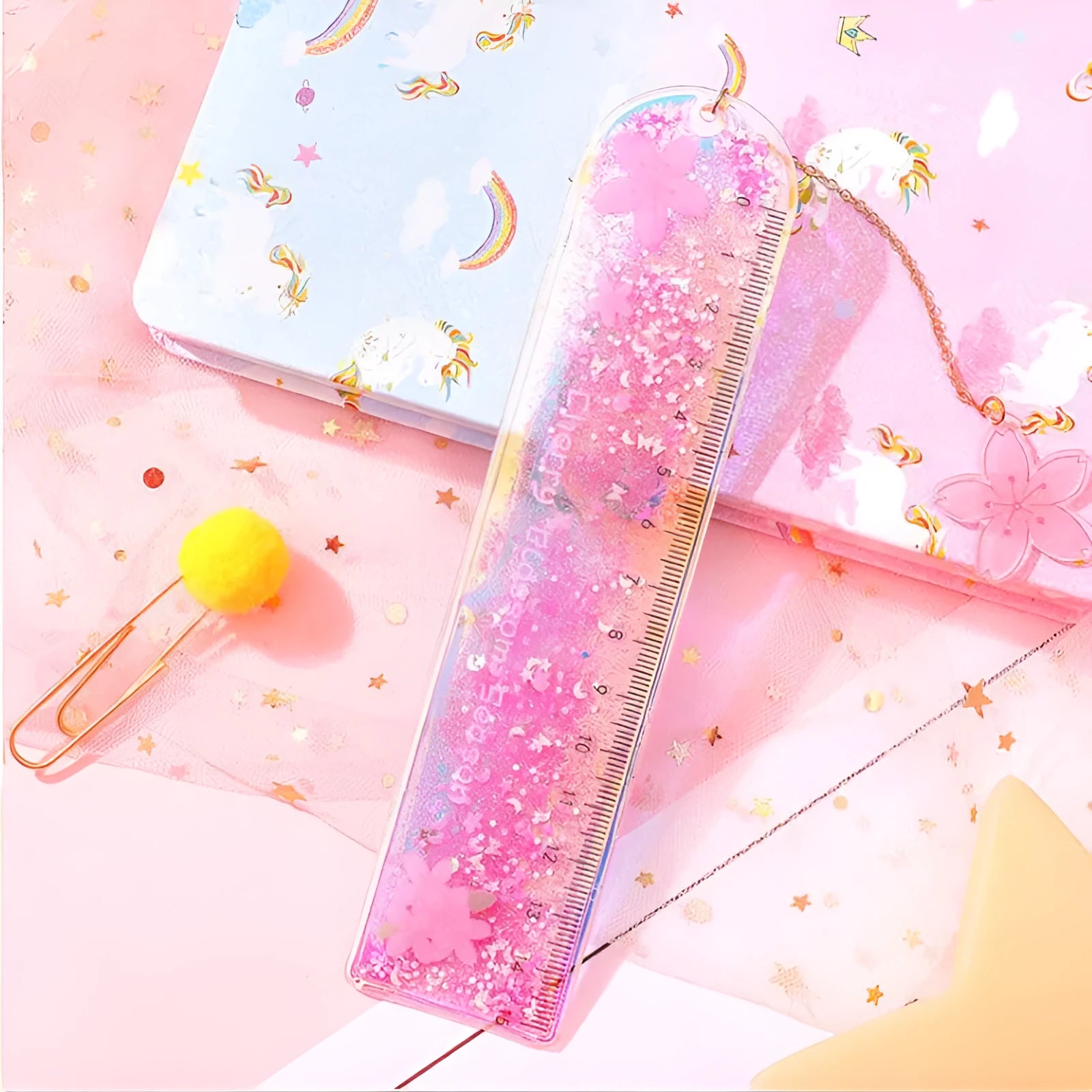 15cm laser PVC heart-shaped bookmark ruler in cherry blossom colour showing measurement markings