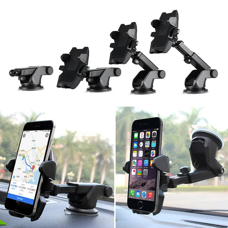 Black ABS plastic car phone holder clipped onto car vent with smartphone in landscape orientation