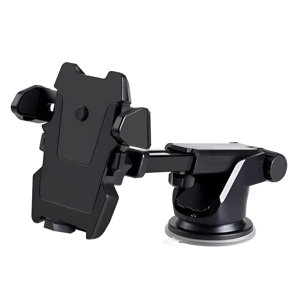 Black ABS plastic car phone holder clipped onto car vent with smartphone in landscape orientation