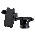 Black ABS plastic car phone holder clipped onto car vent with smartphone in landscape orientation