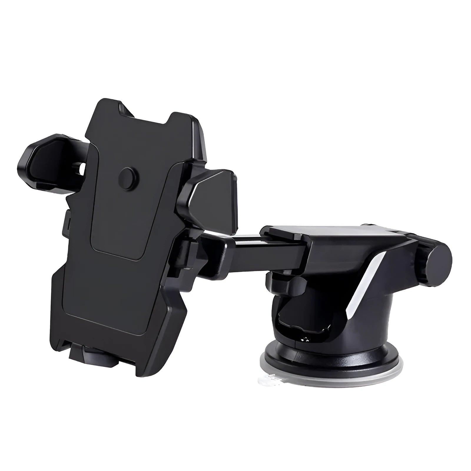 Black ABS plastic car phone holder clipped onto car vent with smartphone in landscape orientation