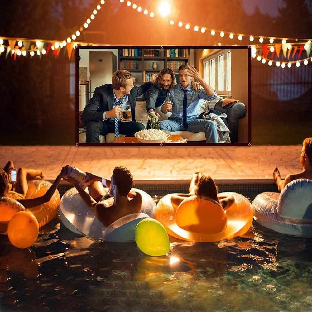 White foldable 150-inch polyester projector screen laid out flat.