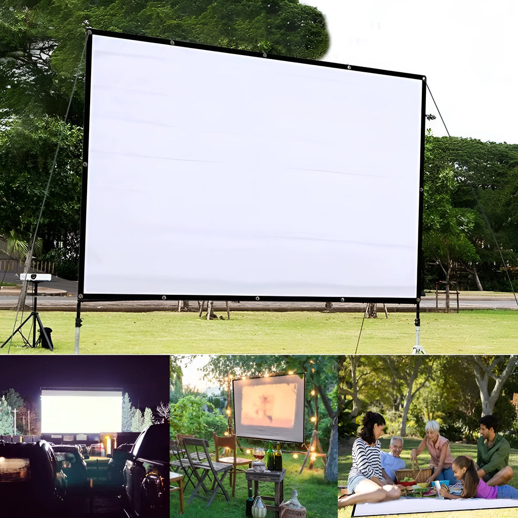 White foldable 150-inch polyester projector screen laid out flat.