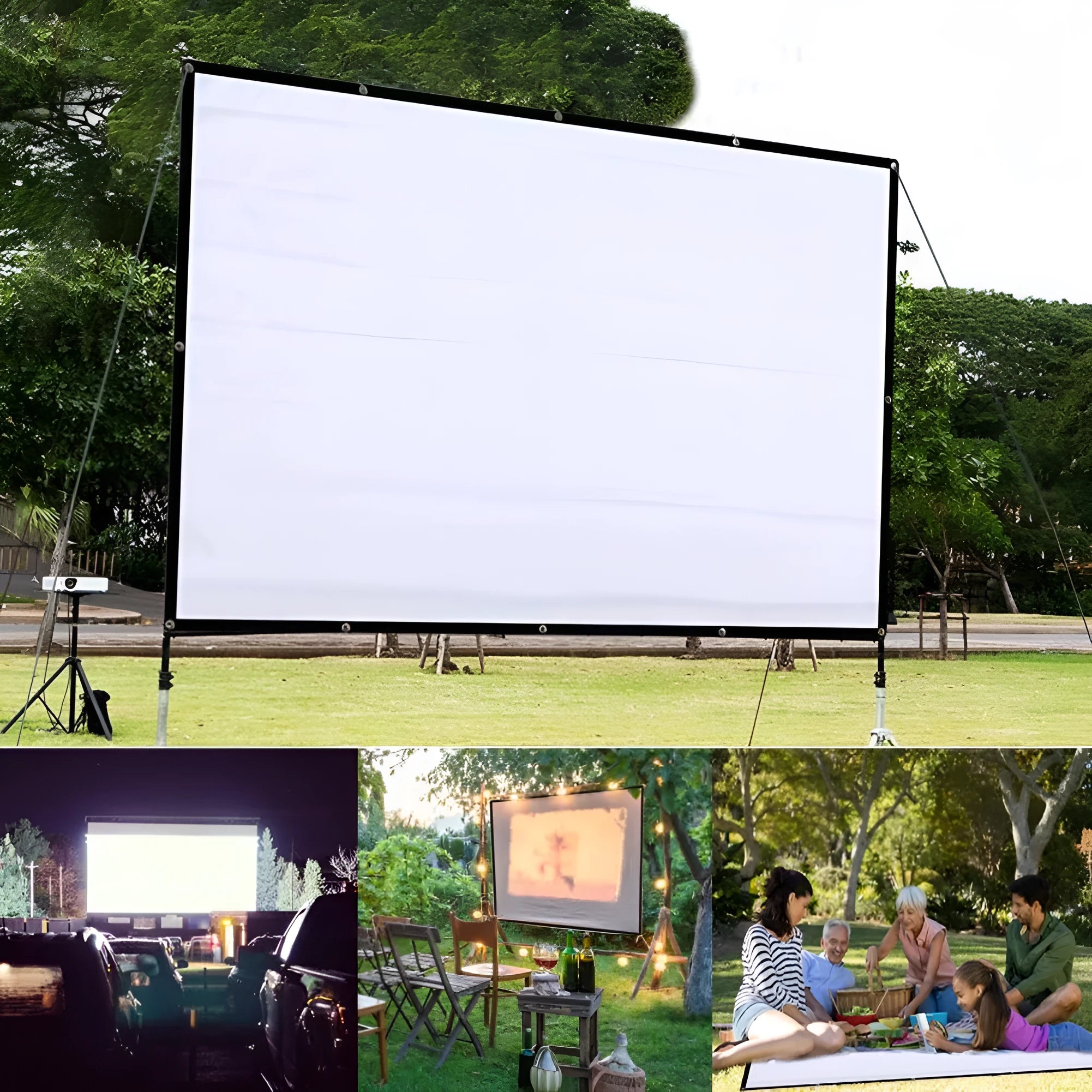 White foldable 150-inch polyester projector screen laid out flat.