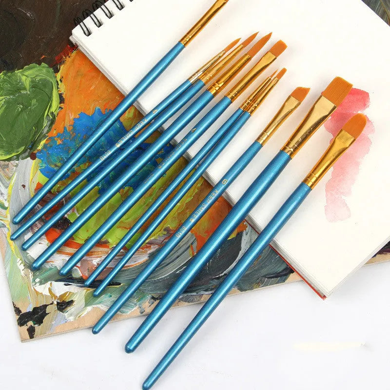 10-piece gouache brush set with natural wood handles and blue detailing, 20 cm length round head brushes for painting
