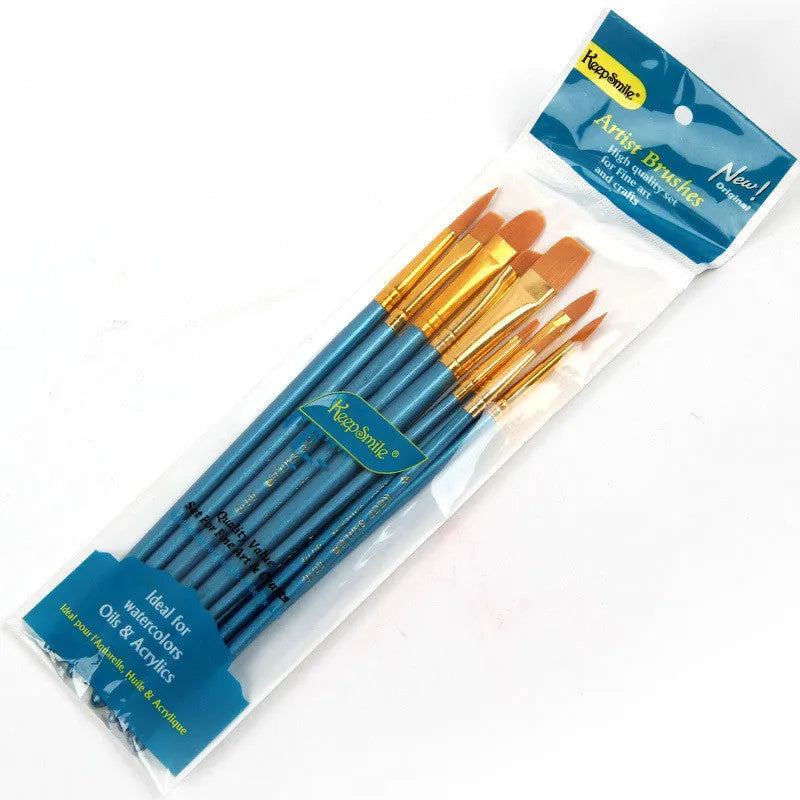 10-piece gouache brush set with natural wood handles and blue detailing, 20 cm length round head brushes for painting