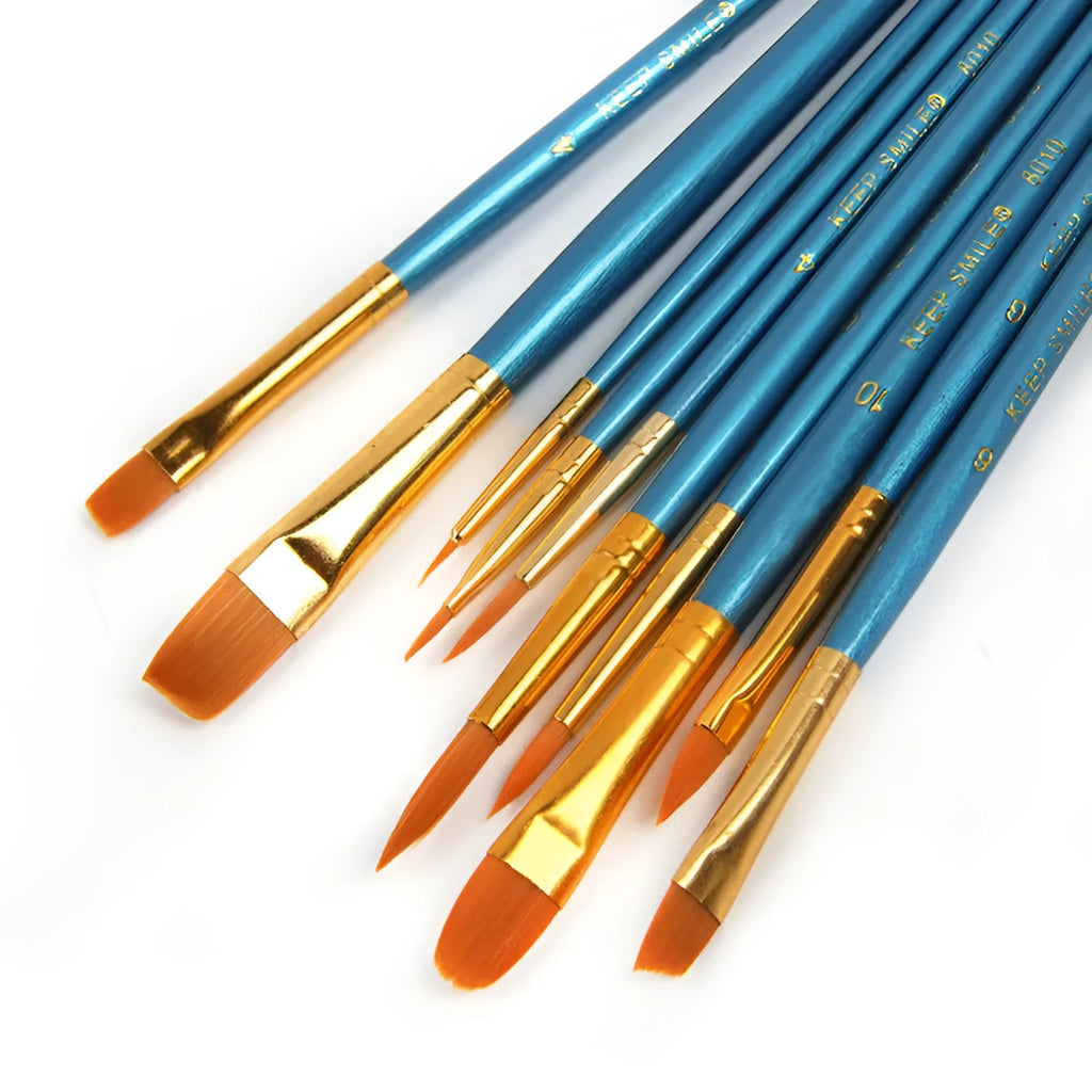 10-piece gouache brush set with natural wood handles and blue detailing, 20 cm length round head brushes for painting