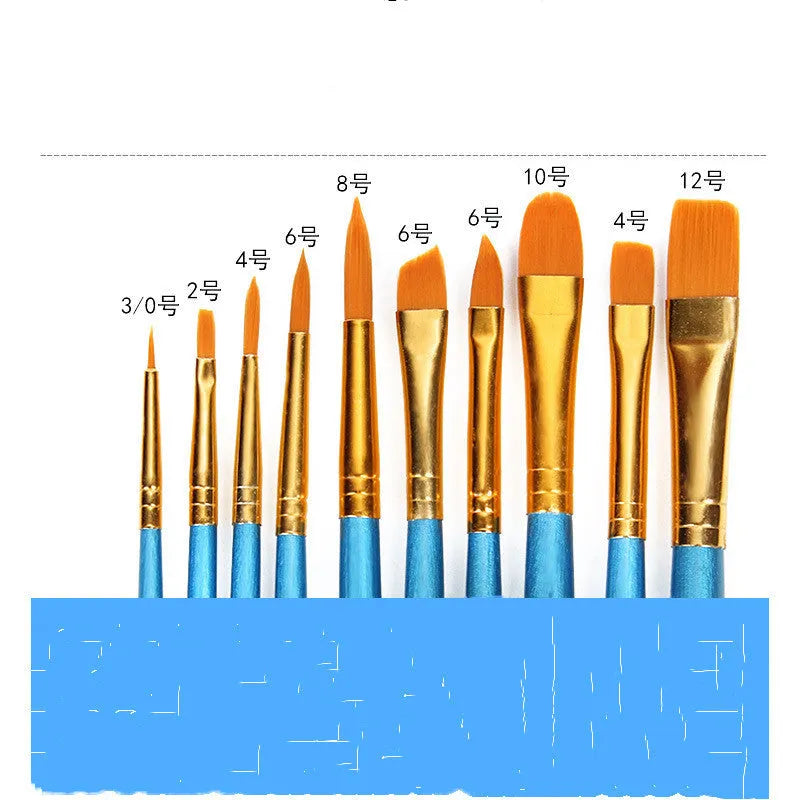 10-piece gouache brush set with natural wood handles and blue detailing, 20 cm length round head brushes for painting