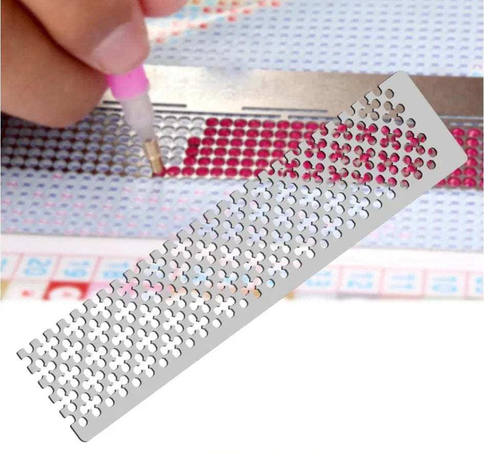 Stainless steel diamond painting grid ruler for aligning round or square drills on canvas.