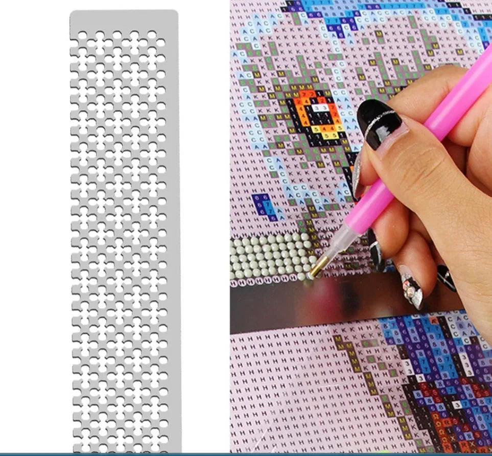 Stainless steel diamond painting grid ruler for aligning round or square drills on canvas.