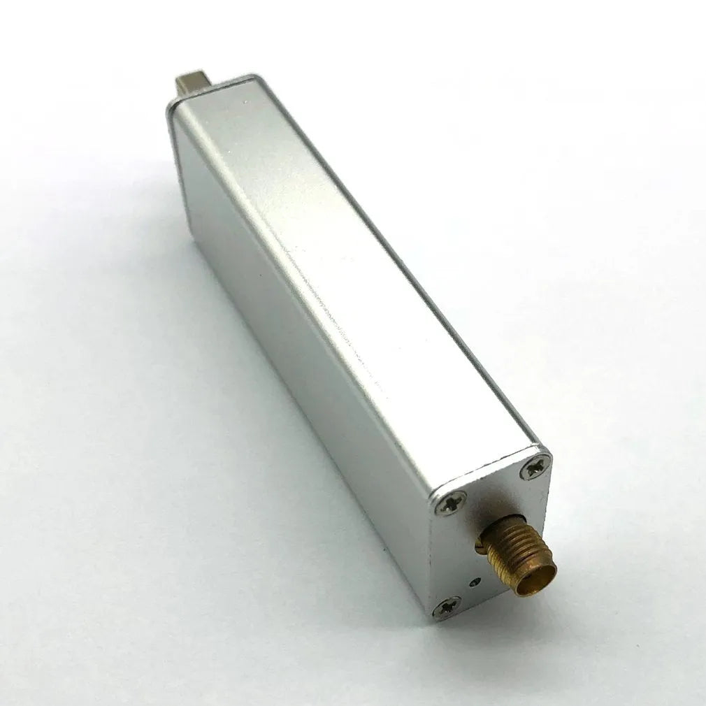 Black A300U all-band software-defined radio receiver with golden SMA connector for antenna.