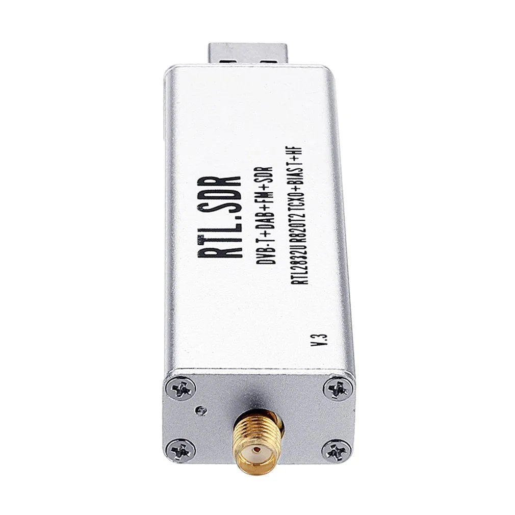 Black A300U all-band software-defined radio receiver with golden SMA connector for antenna.