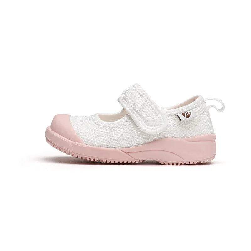 White children's cloth shoes with mesh upper, velcro strap, and non-slip sole for toddlers