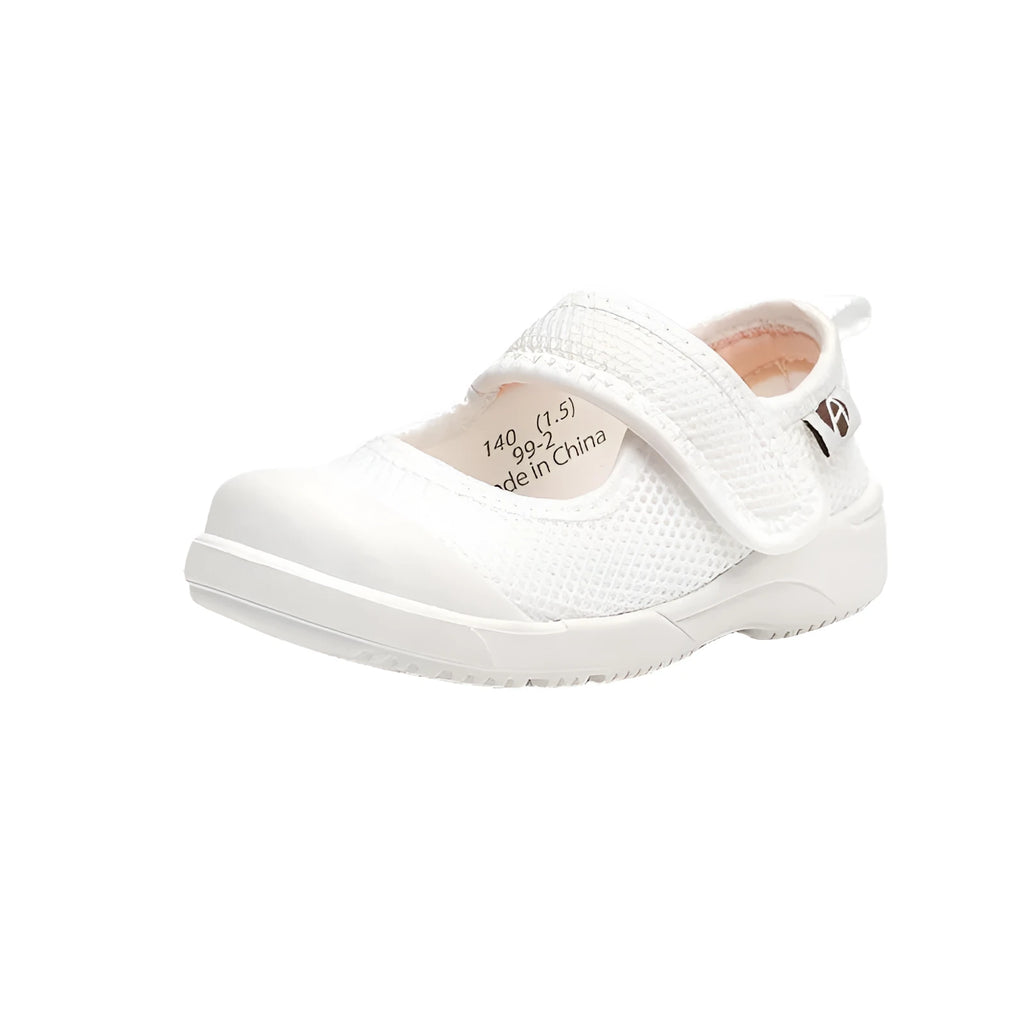 White children's cloth shoes with mesh upper, velcro strap, and non-slip sole for toddlers