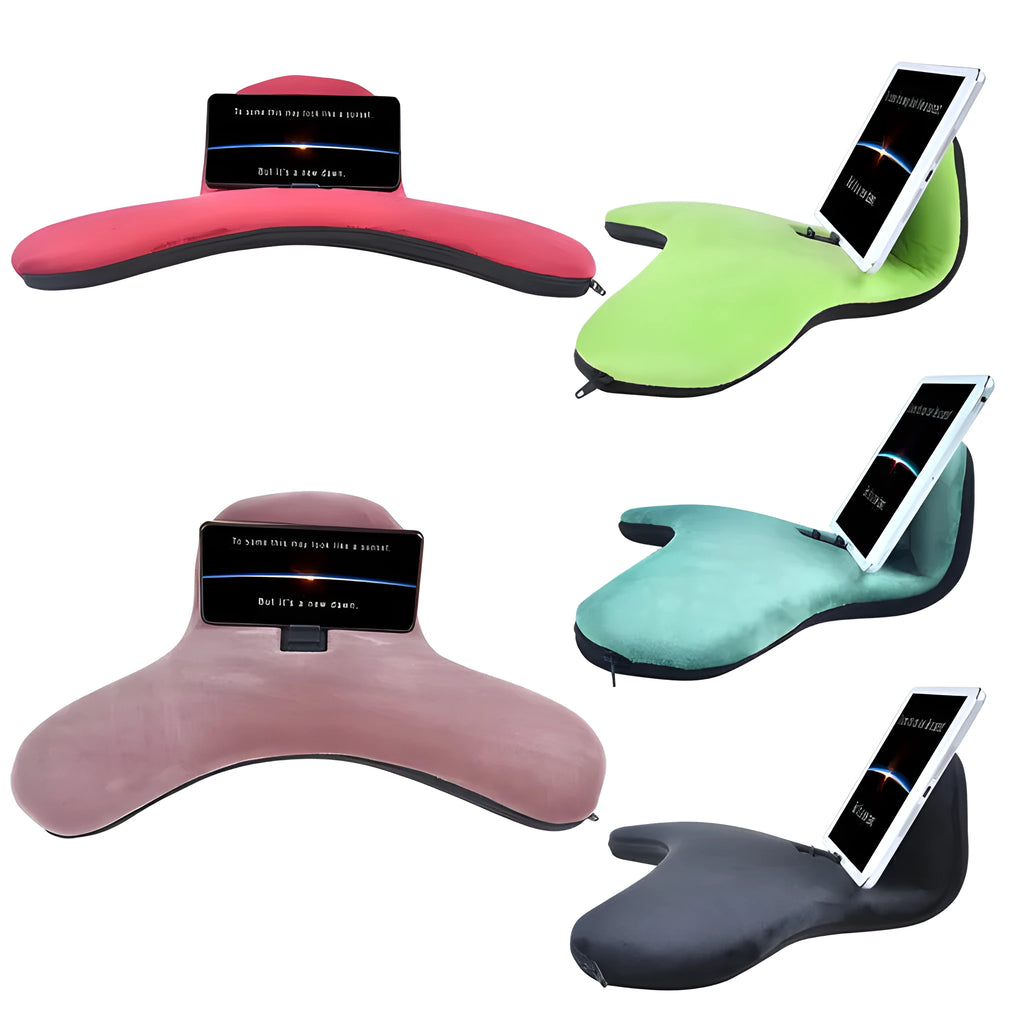 Handmade flannel reading pillow with lazy bracket and phone clip in five colour options: black, blue, coffee, green, wine red