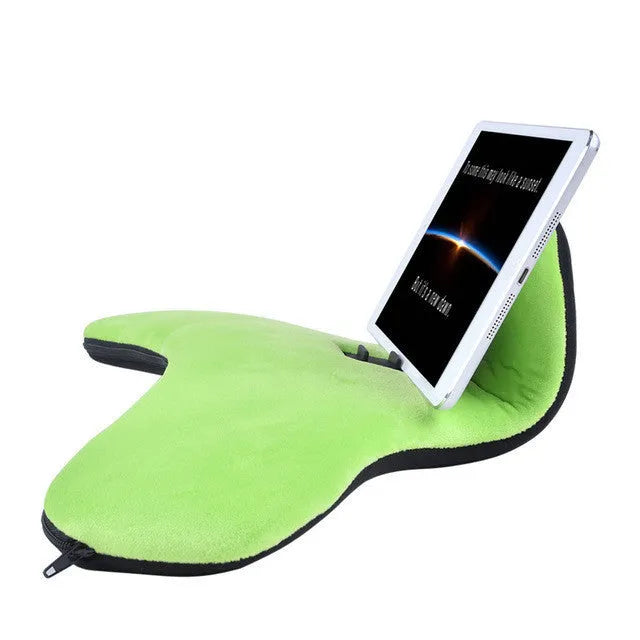 Handmade flannel reading pillow with lazy bracket and phone clip in five colour options: black, blue, coffee, green, wine red