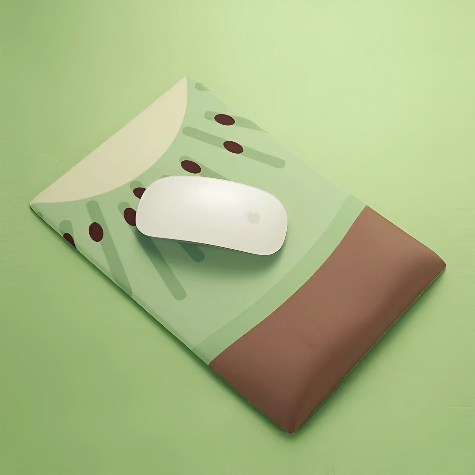 Green kiwi fruit design on a cloth mouse pad with a thick, integrated silicone wrist support cushion.