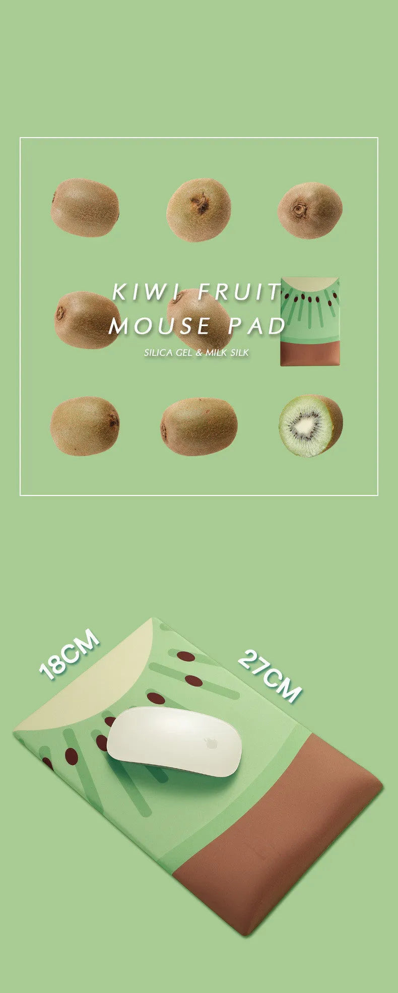 Green kiwi fruit design on a cloth mouse pad with a thick, integrated silicone wrist support cushion.