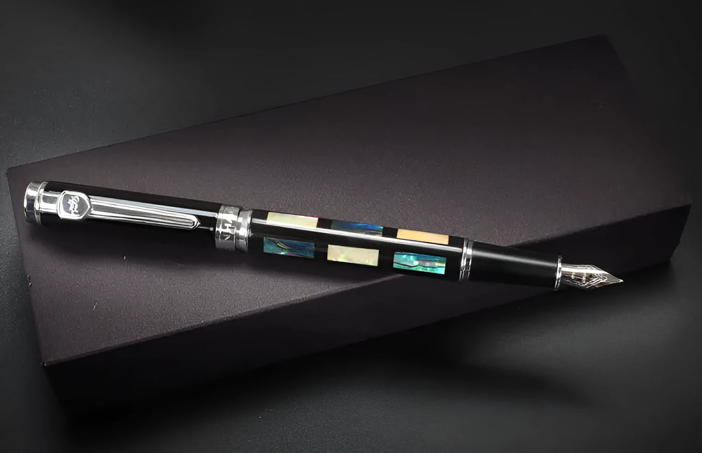 Ceramic colour lacquer fountain pen with metal shell and choice of three nib sizes.