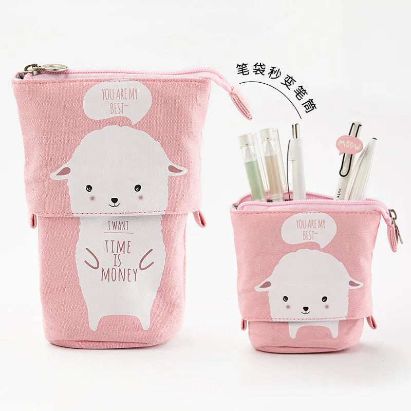 Round Korean-style canvas pencil case with cartoon animal prints measuring 19x7.5x12.5cm