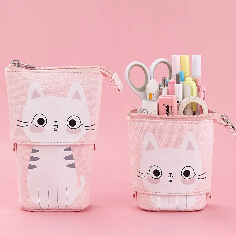 Round Korean-style canvas pencil case with cartoon animal prints measuring 19x7.5x12.5cm