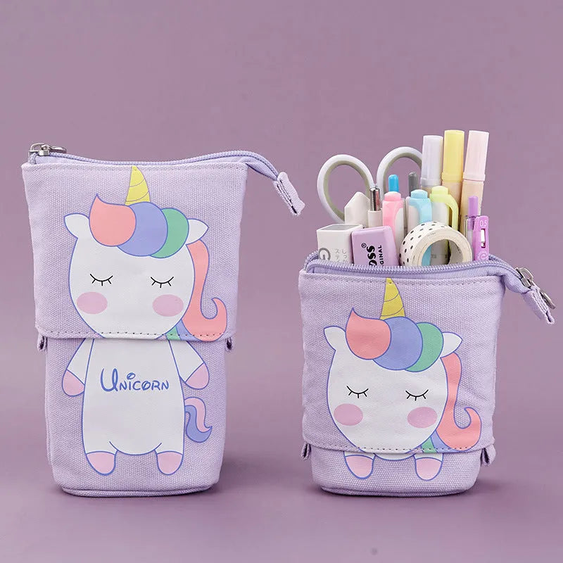 Round Korean-style canvas pencil case with cartoon animal prints measuring 19x7.5x12.5cm