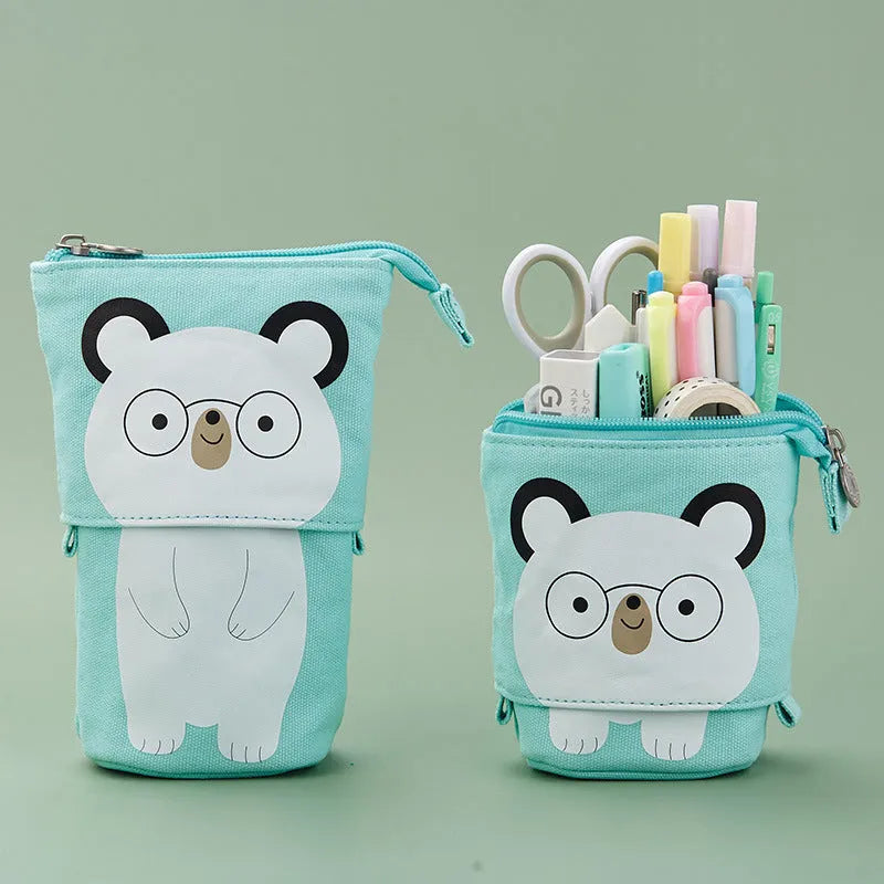 Round Korean-style canvas pencil case with cartoon animal prints measuring 19x7.5x12.5cm
