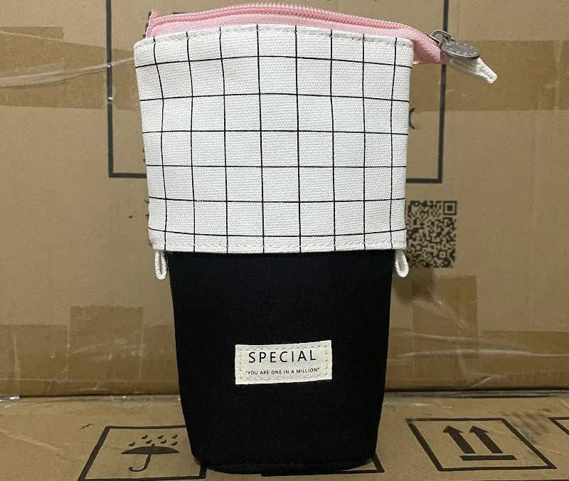 Round Korean-style canvas pencil case with cartoon animal prints measuring 19x7.5x12.5cm