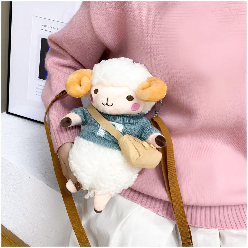 Little Sheep plush crossbody bag with lamb pattern and zip opening in blue colour